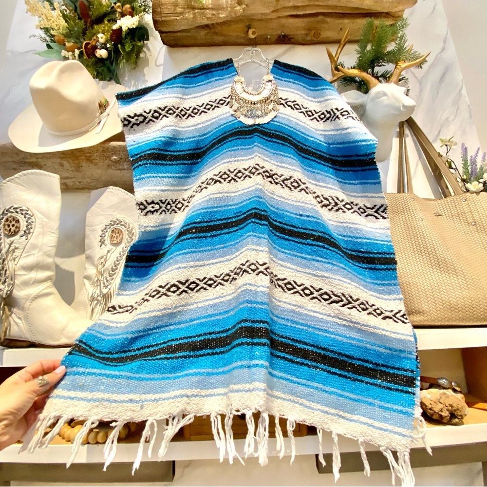 Aqua Boho poncho caftan cover up w southwestern hippy vibe